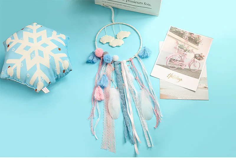 Ловец снов с облаком и помпоном и строку света Home Decor большой кружева Dream Catcher Kinderkamer Decoratie Детская комната украшения