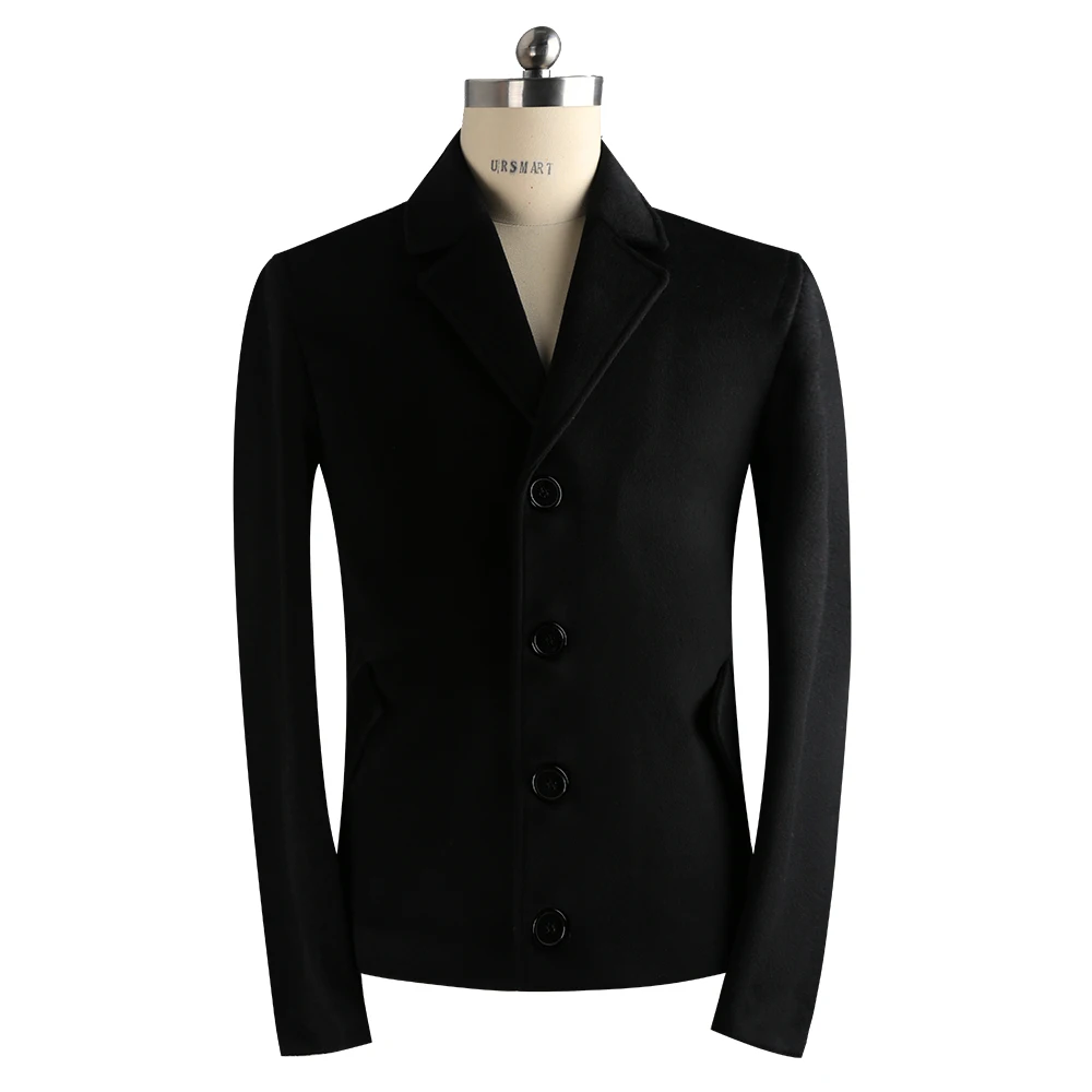 

URSMART Authentic wool short style coat for young men's casual men's coat black new slim men's coat