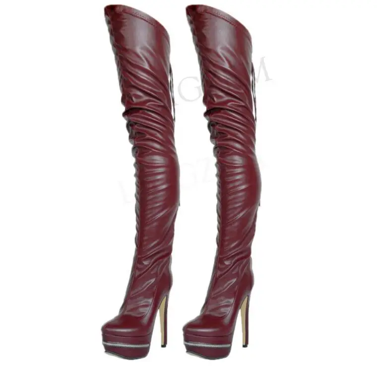 LGZ599 Burgundy LAIGZEM/пикантные женские облегающие высокие сапоги из искусственной кожи на платформе и каблуке молния мотня сзади обувь Botines Mujer, большие размеры 34-52 - Цвет: LGZ599 Burgundy
