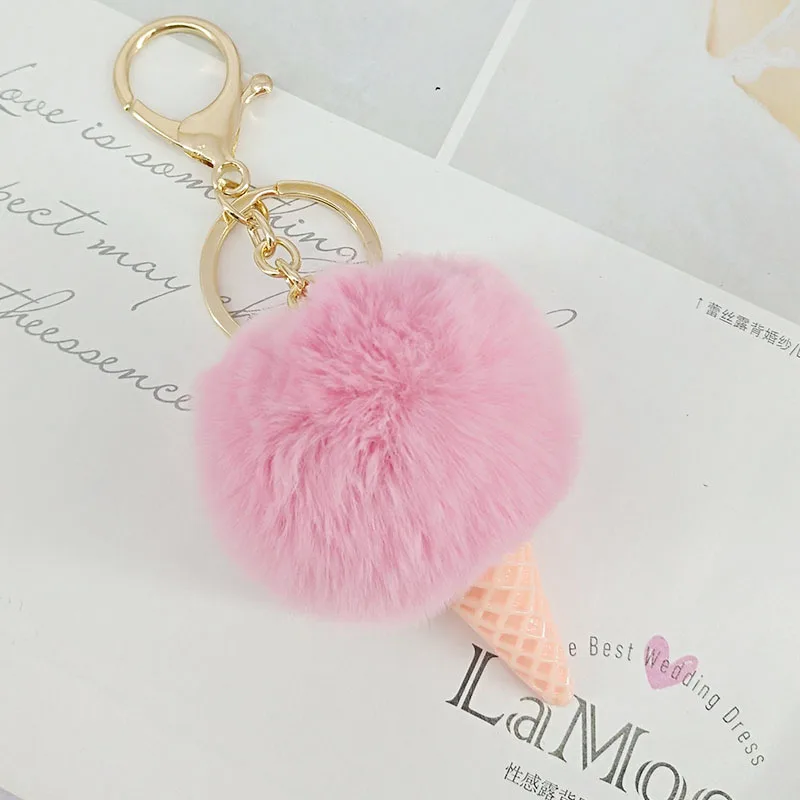 New 15Color Best Rabbit Fur Puff Ice cream Ball KeyChains Cute KeyChains Kids Girls Rings Gold-color KeyChains Car Bag Key Chain