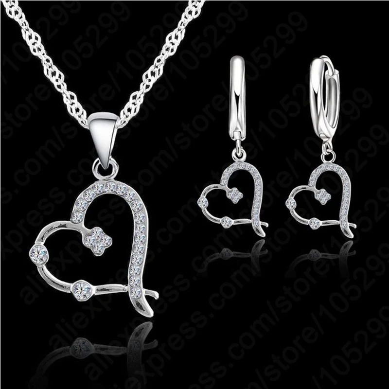Любовь сердца кулон ожерелье серьги стерлингового серебра 925 женщин Свадебные