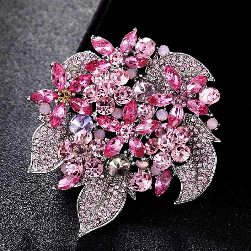 

Fashion Bridal Flower Brooches Jewelry Perfect Pink Green Rhinestone Crystal Hijab Pins Brand Women's Party Broches Bijoux