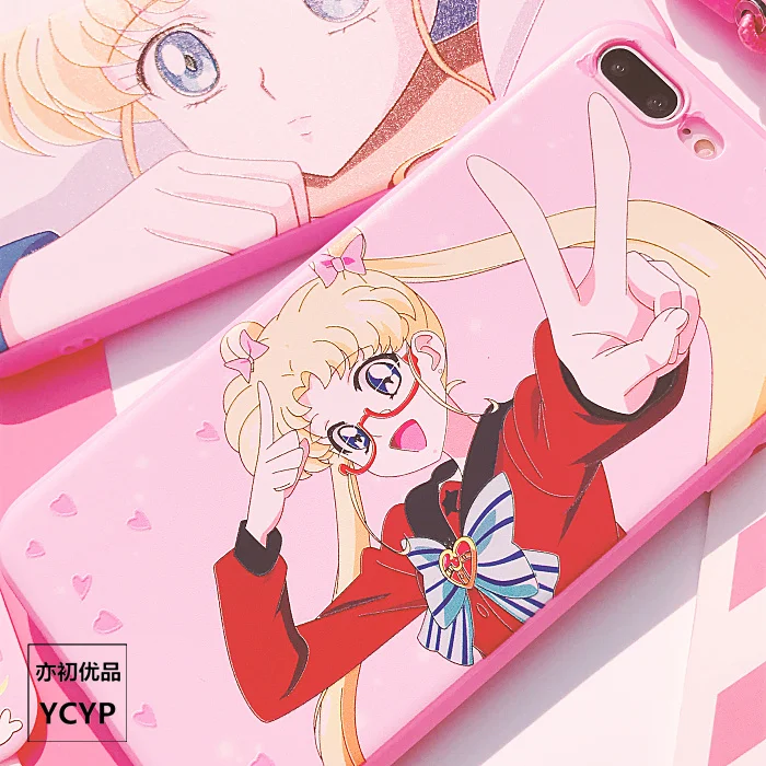 For iphone X Cute Sailor Moon Case +Tempered Glass Screen film for 7 8 8plus 6 6S plus Pink cover + Strap +Metal Gift box |
