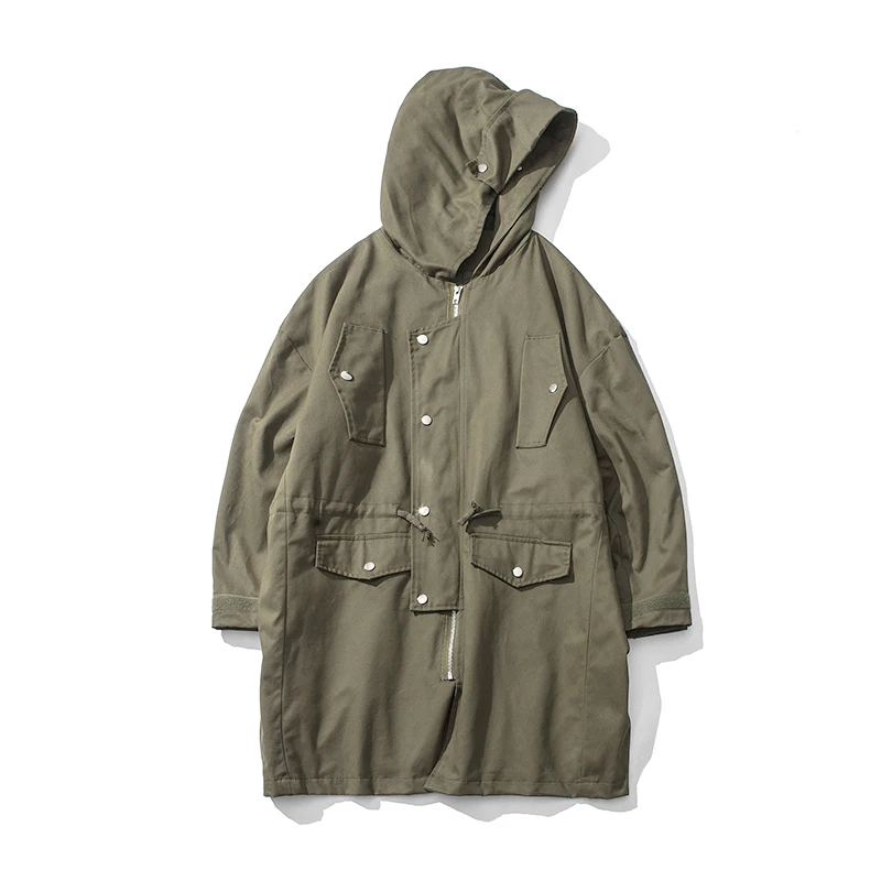 

2018 Spring Newest Men's Fashion HongKong Style Hooded Mid-Long Clothes Loose Casual Black/Green Color Windbreaker Coats M-XL