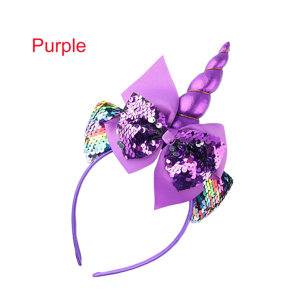 purple Тиара для девочек с блестками, рога единорога, русалки, повязки для волос с бантом, блестящие повязки на голову, вечерние Детские аксессуары для волос - Цвет: purple