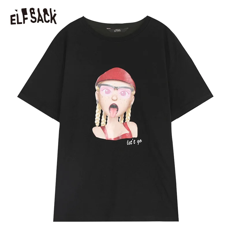 Black Женские основые повседневные футболки ELF SACK, черные женские топы с круглым вырезом и принтом, женская уличная футболка большого размера для лета - Цвет: Black