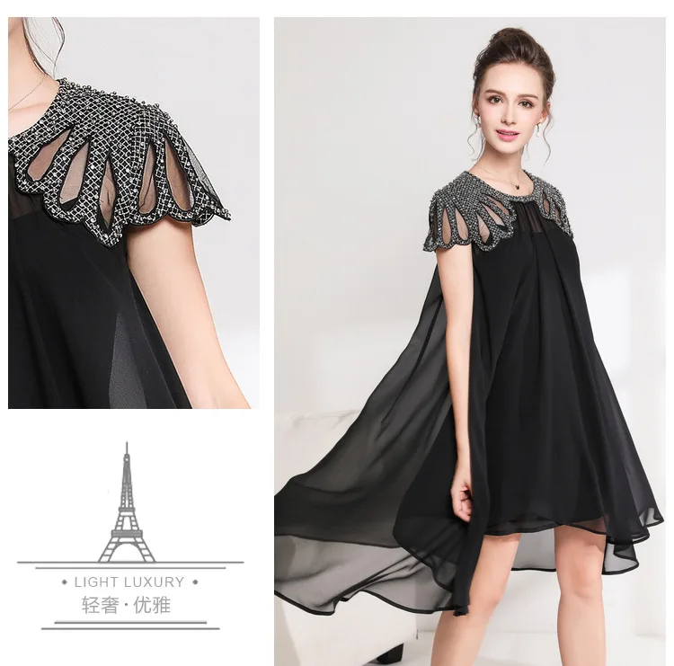 

2018European Women short Sleeves beaded elegant Chiffon Dress irregular hem summer large size asymmetrical vestidos L-XXXXXL 5XL