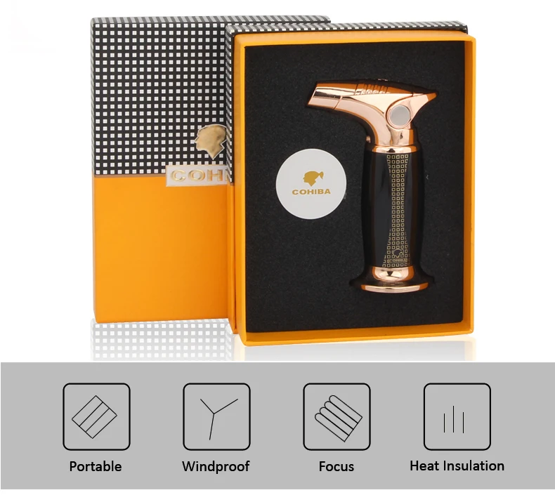 COHIBA сигарный фонарь, зажигалка, настольный пистолет, металлические газовые зажигалки с бутаном, ветрозащитная струйная зажигалка, зажигалка для сигар, инструменты W/Подарочная коробка