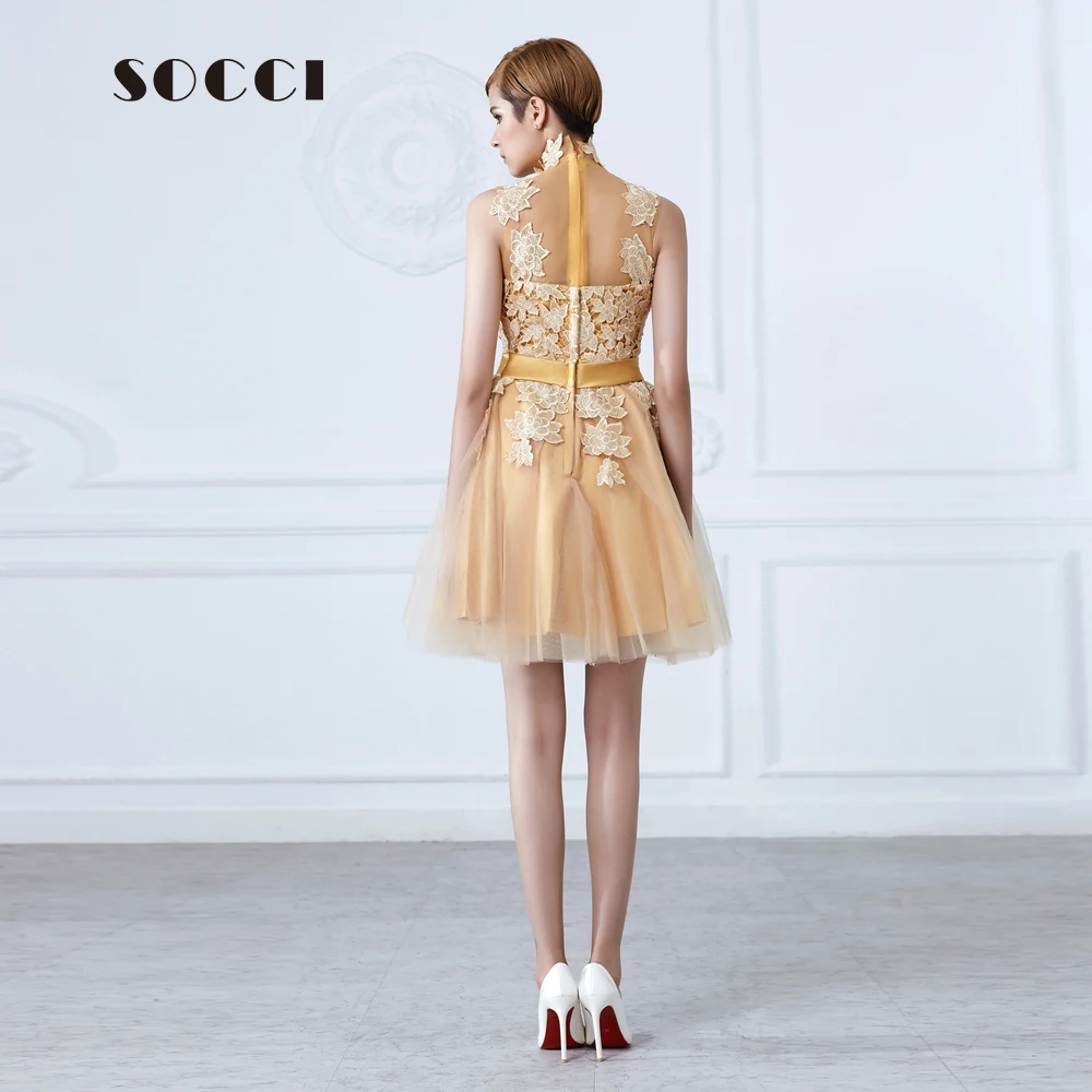 SOCCI/модное короткое золотое вечернее платье с высоким воротом и кружевным