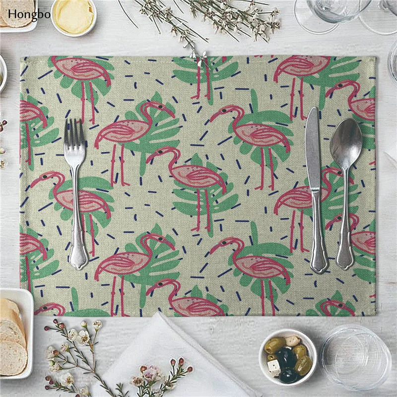 Льняная салфетка Фламинго тропические растения узор Коврик для обеденного стола