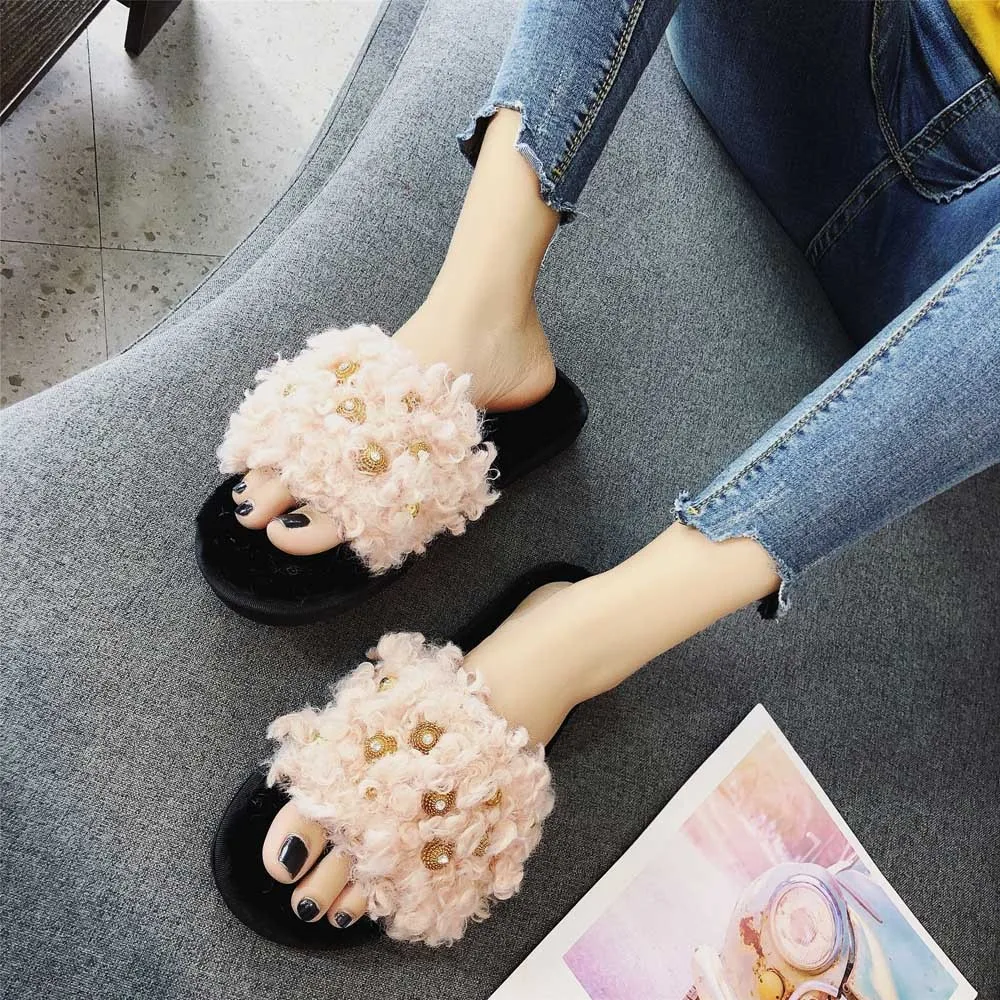 YOUYEDIAN Fashion Women Comfortable Warm Flat Bottom Home Open Toe Cross Fur Slippers Shoe chinelo feminino ver o#25 | Обувь