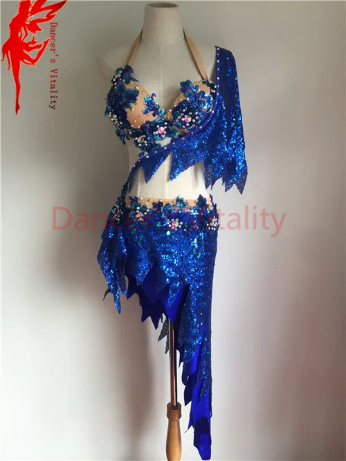 deep blue Живота Танцы одежда с украшением в виде кристаллов и юбка 2 шт. детское платье для латинских танцев сальса ballroo Самба танцы тренировки, комплекты, костюм - Цвет: deep blue