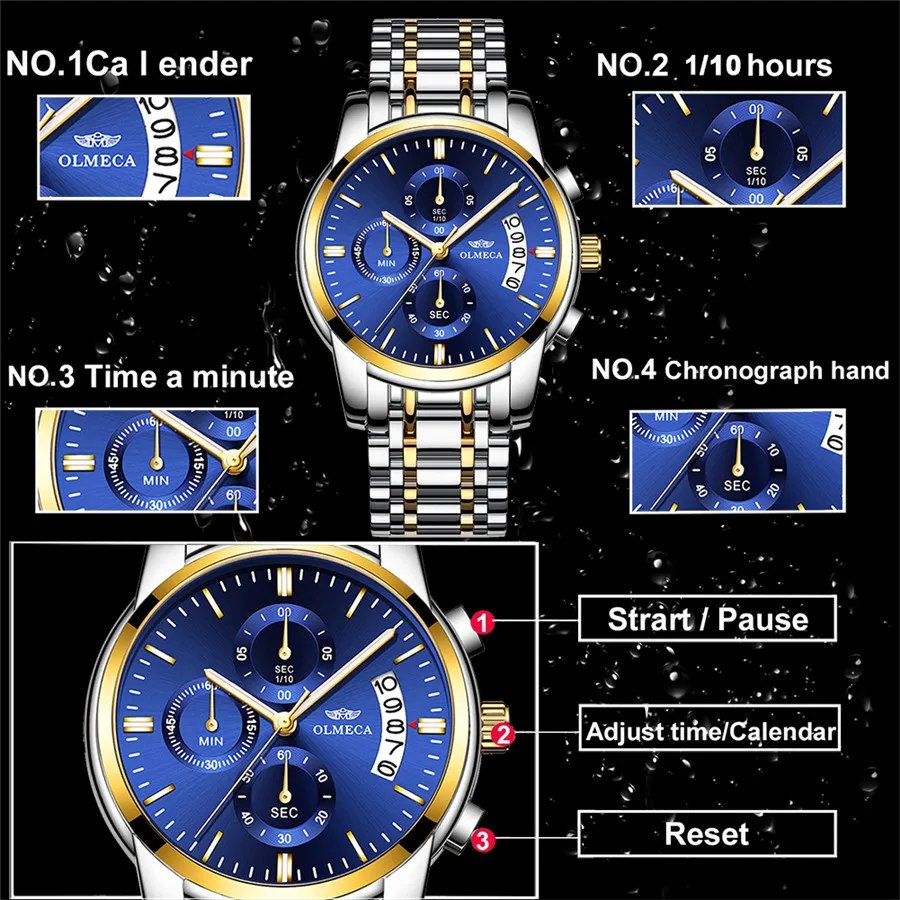 

OLMECA Mens Watches Top Brand Luxury Business Quartz Watch Men Full Steel Blue Gold Fashion Waterproof Clock Relogio Masculino