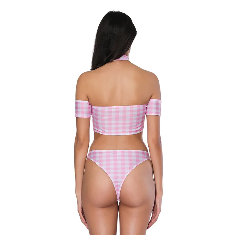 2018 New Sexy Bikini Women Swimsuit Tube Top No Rims Pink and White Plaid High Waist MERMADE SW7047 |