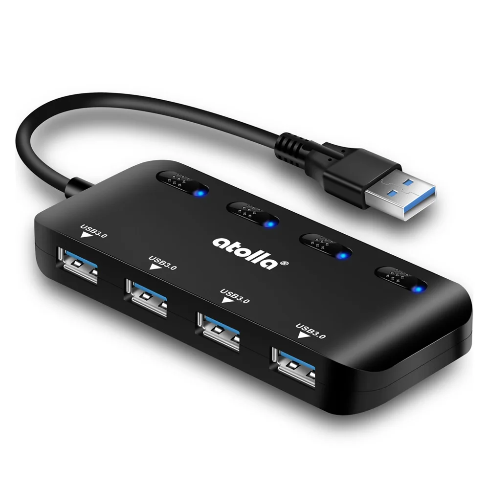 black 4 port Atolla usb 3,0 концентратор 4 порта-Ультратонкий USB 3,0 концентратор данных с индивидуальными переключателями включения/выключения и светодиодами USB 3,0 удлинитель - Цвет: black 4 port