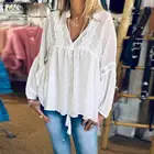 Модная женская прозрачная рубашка ZANZEA, осенняя Блузка с V-образным вырезом и длинным рукавом, кружевные топы с цветочным принтом, повседневные однотонные вечерние блузки