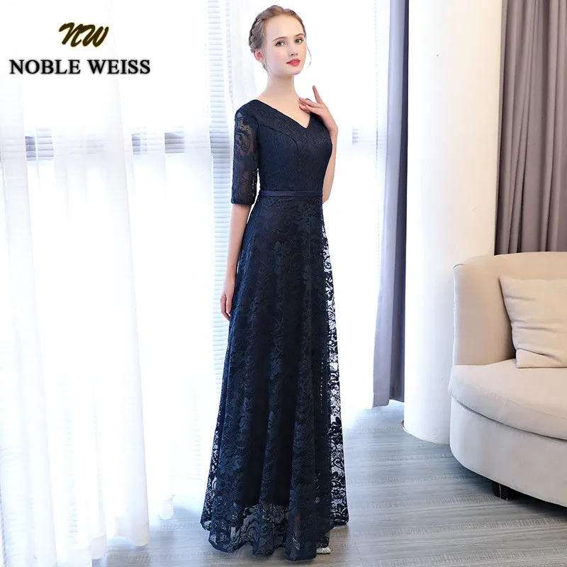 NOBLE WEISS Luxury Navy Blue Lace Evening Dresses Sexy V-neck Long Floor Length Robe De Soiree A-line Tulle Party Prom Gowns | Свадьбы и