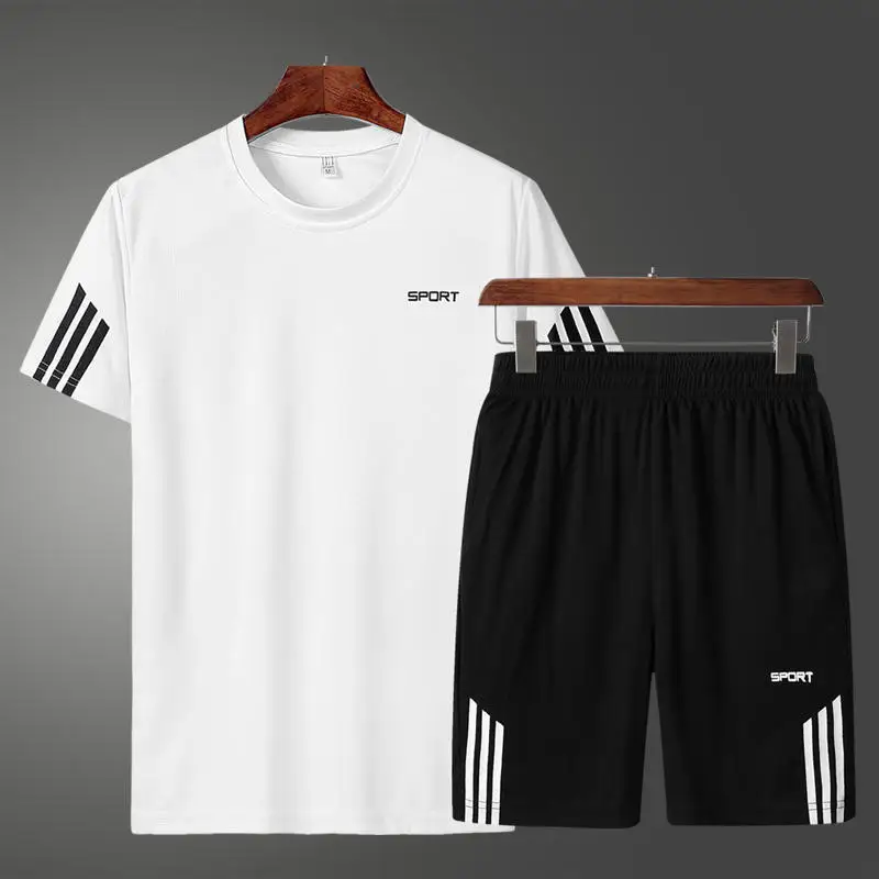 White Set Новинка, беговые костюмы, Спортивная футболка для спортзала, Мужская футболка с коротким рукавом для бега+ короткие штаны, быстросохнущая футболка для бодибилдинга, топ, футболка для футбола - Цвет: White Set