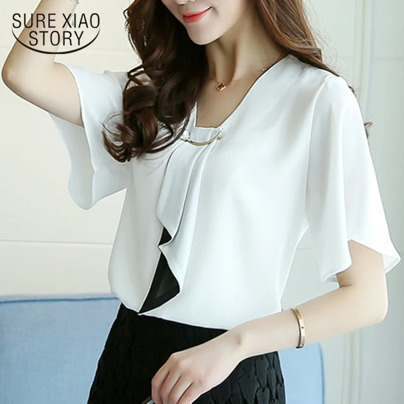 2018 новые женские весенние топы Модные с короткими блузки рукавами Большие