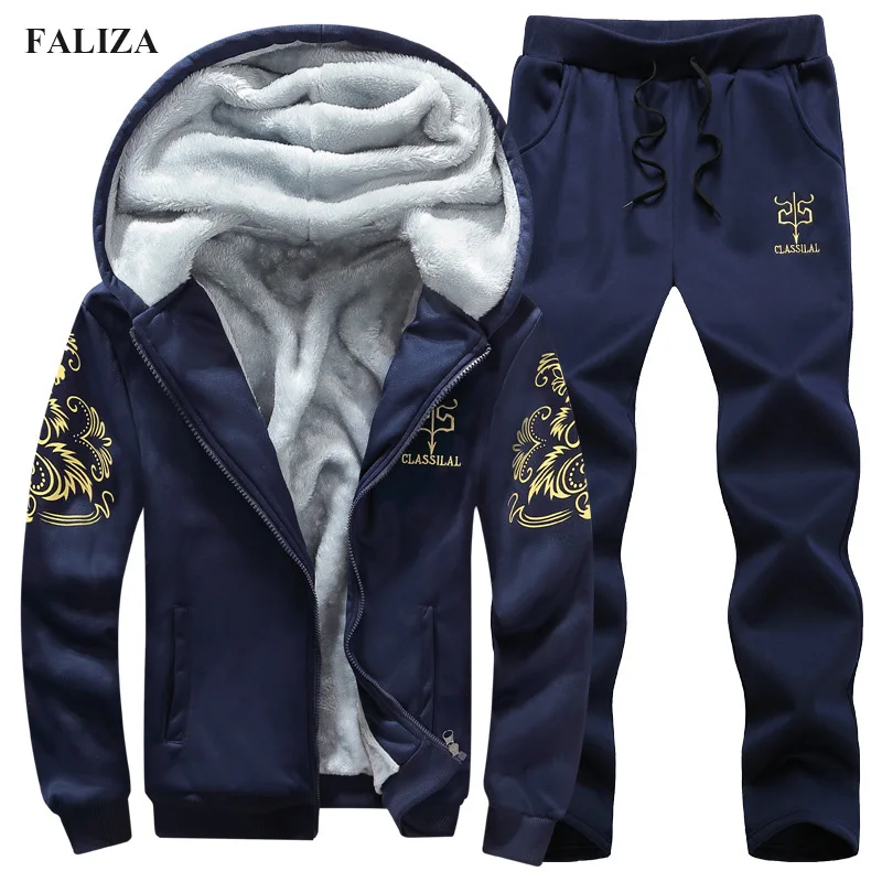

New Casual Tracksuit Men Winter Fleece Thick Hooded Brand Cotton Inner Men Jacket+Pant Warm Fur Inside Winter Sweatshirt S108