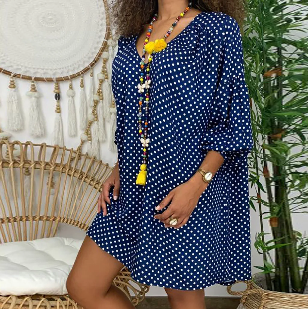 Women Size Loose Polka Dot Long Sleeve V-neck Mini Length Dress plus size dresses for women Dress sukienka robe party dress