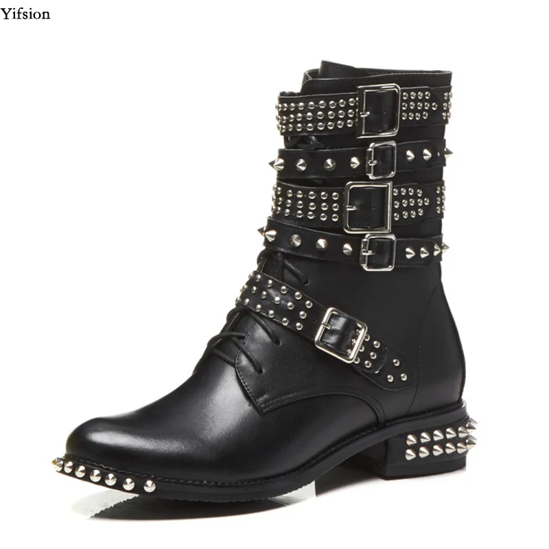 

Olomm New Fashion Women Leather Martin Ankle Boots Sexy Rivets Low Heels Boots Round Toe Charm Black Shoes Women US Size 4-8.5