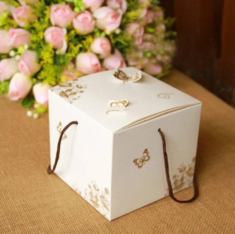 Dize 12*10*12cm Square Flora Cake Box With Handle Butterfly design White Kraft Design Gift Boxes Packaging Food Packing