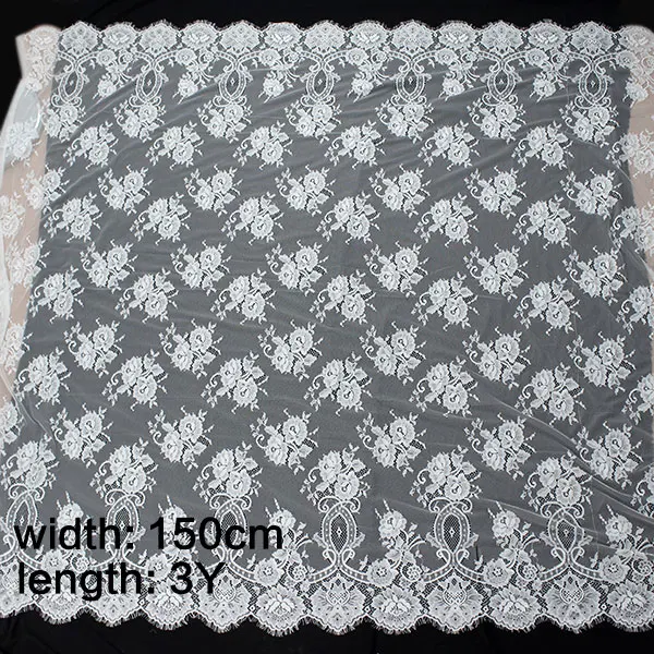

LSM00102 factory price 150CM width high quality thick eyelash nylon chantilly lace fabric in white and black for wedding dress