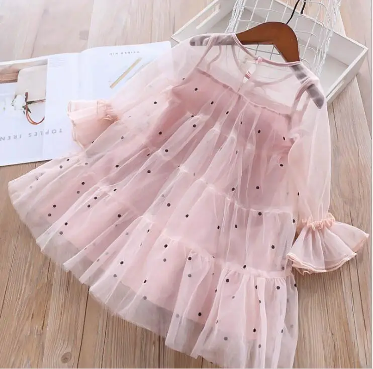 Girl Tulle Lace Party Dress Princess Dots Baby Kids Clothing Children Spring long sleeve dress baby clothes | Детская одежда и