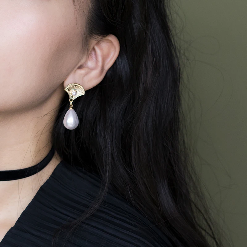 SRCOI Gold Alloy Fan Water Drop Faux Pearl Earrings Dangle Korean Elegant Long Women Girls Party Wedding Bride | Украшения и
