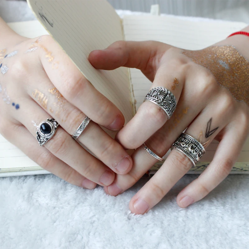 Retro Punk Leaf Bohemian Individuality Carving Pattern Ring Set Midi Rings for Women 6PCS/Set Black Stone Gift Jewelry | Украшения и
