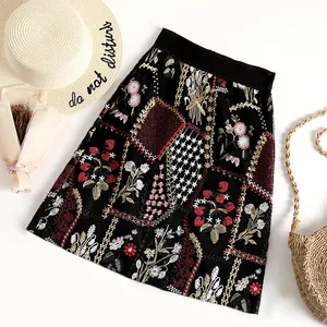 Женская винтажная юбка-трапеция с вышивкой, черная сетчатая юбка с запахом и завышенной талией, весна-лето