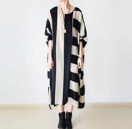 Новинка осени 2016 женское Полосатое платье свободного размера плюс длинное с