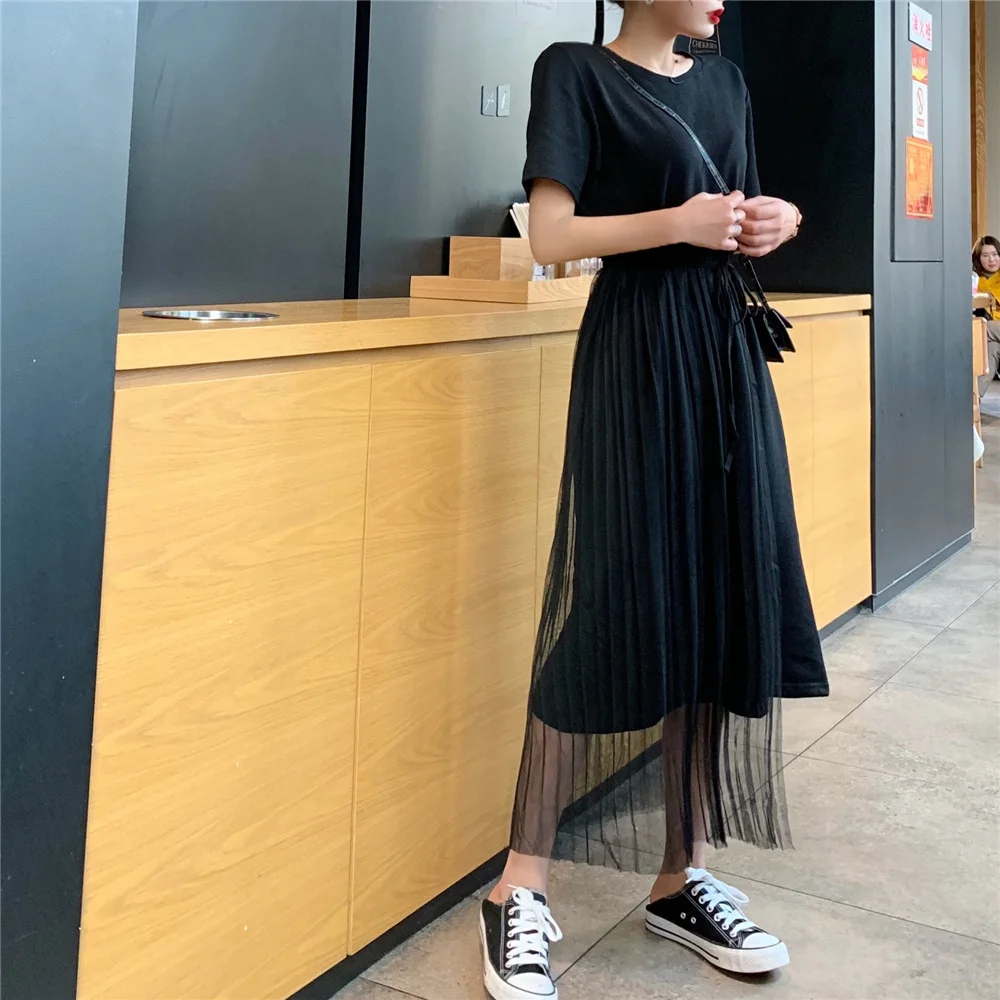 Женское платье-футболка с коротким рукавом Свободное длинное Сетчатое платье