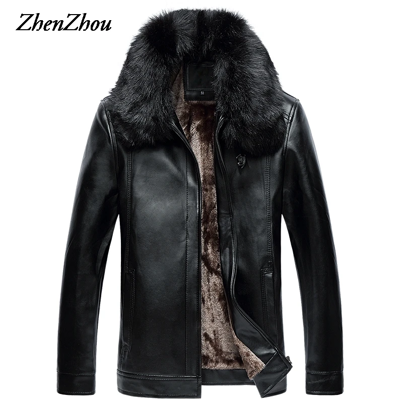 Зимняя куртка с меховым воротником 2019 года для мужчин из кожи больших размеров с мягким флисом и кашемиром, однотонная бизнес-модель, размер L-6XL.