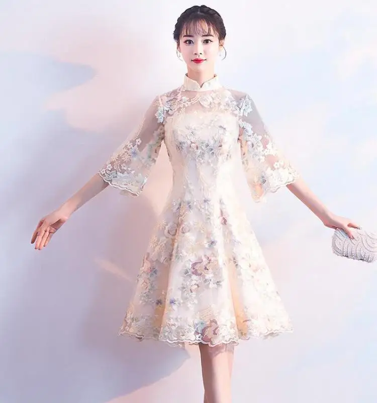 Классическое шампанское Cheongsam цветок кружева Qipao винтажное улучшенное свадебное платье невесты элегантное сценическое шоу Платья повседневные Vestidos - Цвет: Champagne Style 12