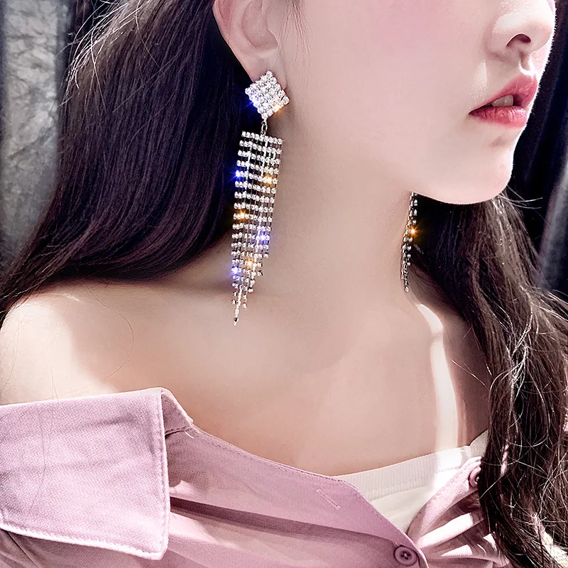 

DREJEW Long Tassel Rhinestone Statement Earrings 2019 Gold Silver Square 925 Drop Earrings Sets for Women Wedding Jewelry HE827