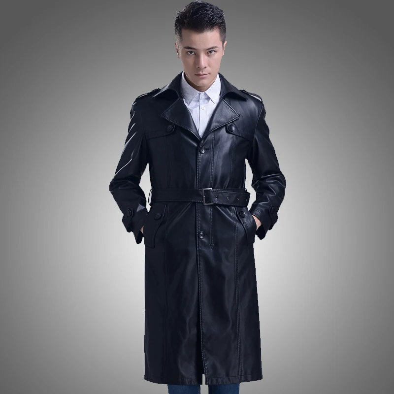 Мужской кожаный тренчкот с отложным воротником темно синий длинный из кожи осень