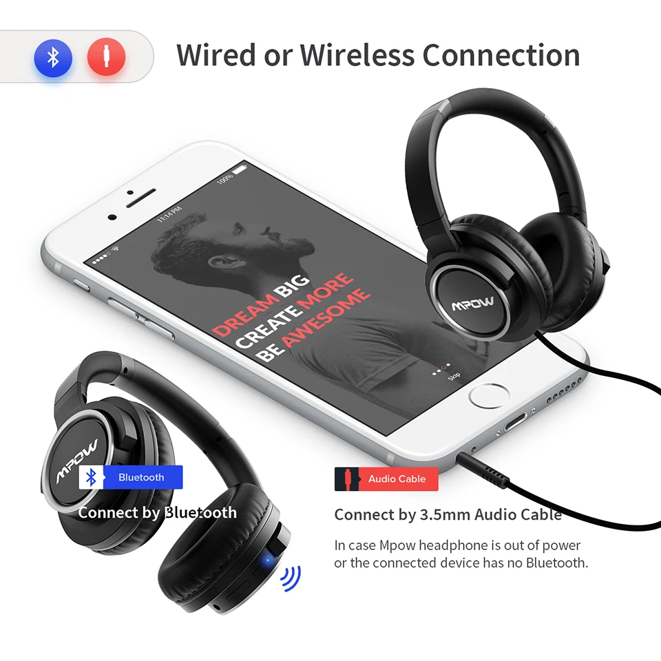 Mpow H18 Bluetooth наушники Беспроводные Активные шумоподавляющие наушники с микрофоном 24 часа воспроизведения проводной беспроводной режим для телефона