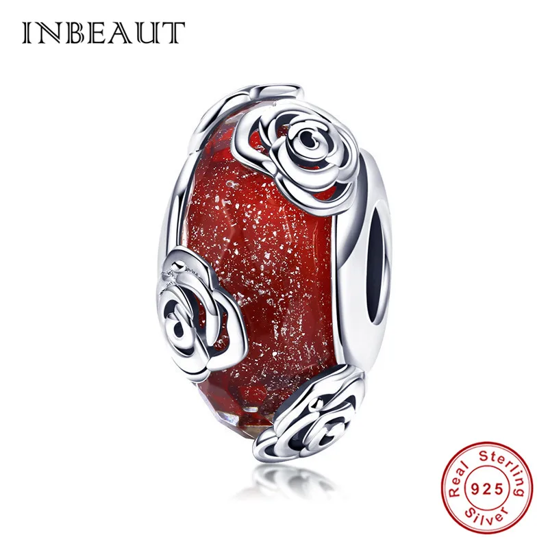 INBEAUT 925 пробы Серебряный Красный Китайский Персонаж Бог Лев Бусы для танца fit Pandora браслет роза Сердце Бабочка Подвески - Цвет: bad1030
