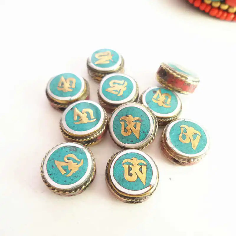 

NBB288 Tibetan OM Mantra Amulet Bead Charm Nepal Hand Metal Beads Inlay Colorful Stone 10PCS