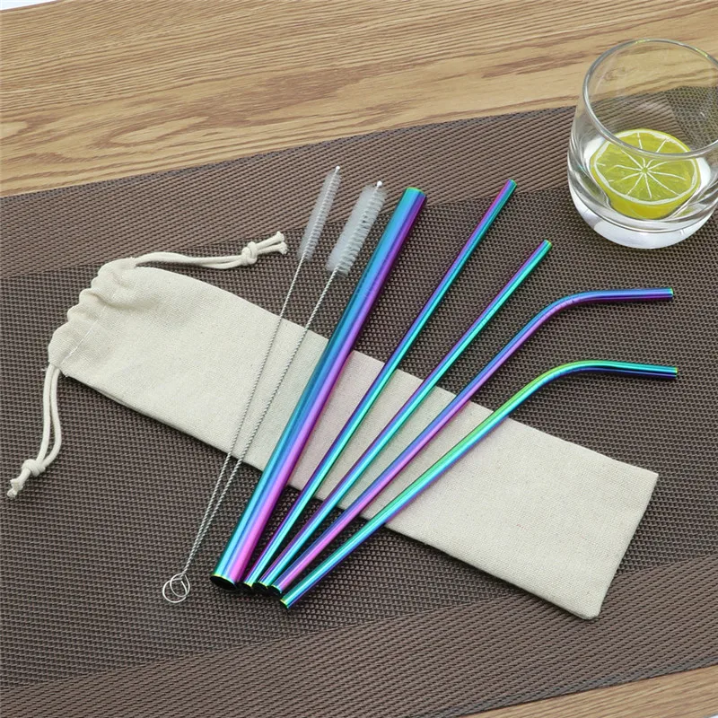 8pcs Reusable Colorful Stainless Steel Drinking Straw High Quality Straight Bent Metal Straw with Cleaning Brush and Storage Bag