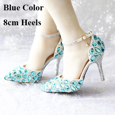 Blue 8cm Heels Новое поступление; летние свадебные туфли с кристаллами; цвет розовый, синий; роскошные свадебные туфли принцессы с острым носком и ремешком на щиколотке; женская обувь для выпускного вечера - Цвет: Blue 8cm Heels