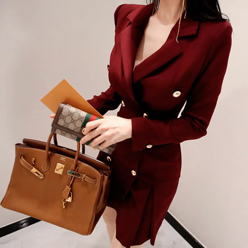 Женское Деловое платье пиджак повседневное двубортное офисное с воротником AL685