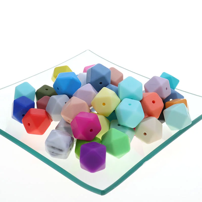 Cuentas de Silicona hexagonales para dentici&oacute;n de beb&eacute;, Mordedor de 14mm, sin Bpa, colgante para collar, accesorios, Mordedor de Silicona-0