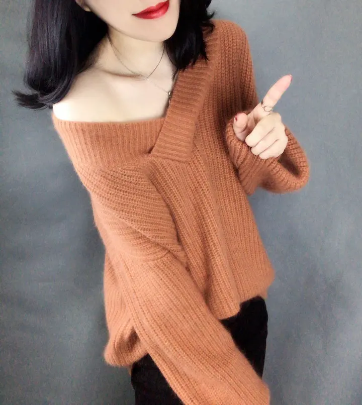 2021 New Pullovers Female Cashmere Sweater Pure Casual V-neck Short Design Basic Knitted Tops | Женская одежда