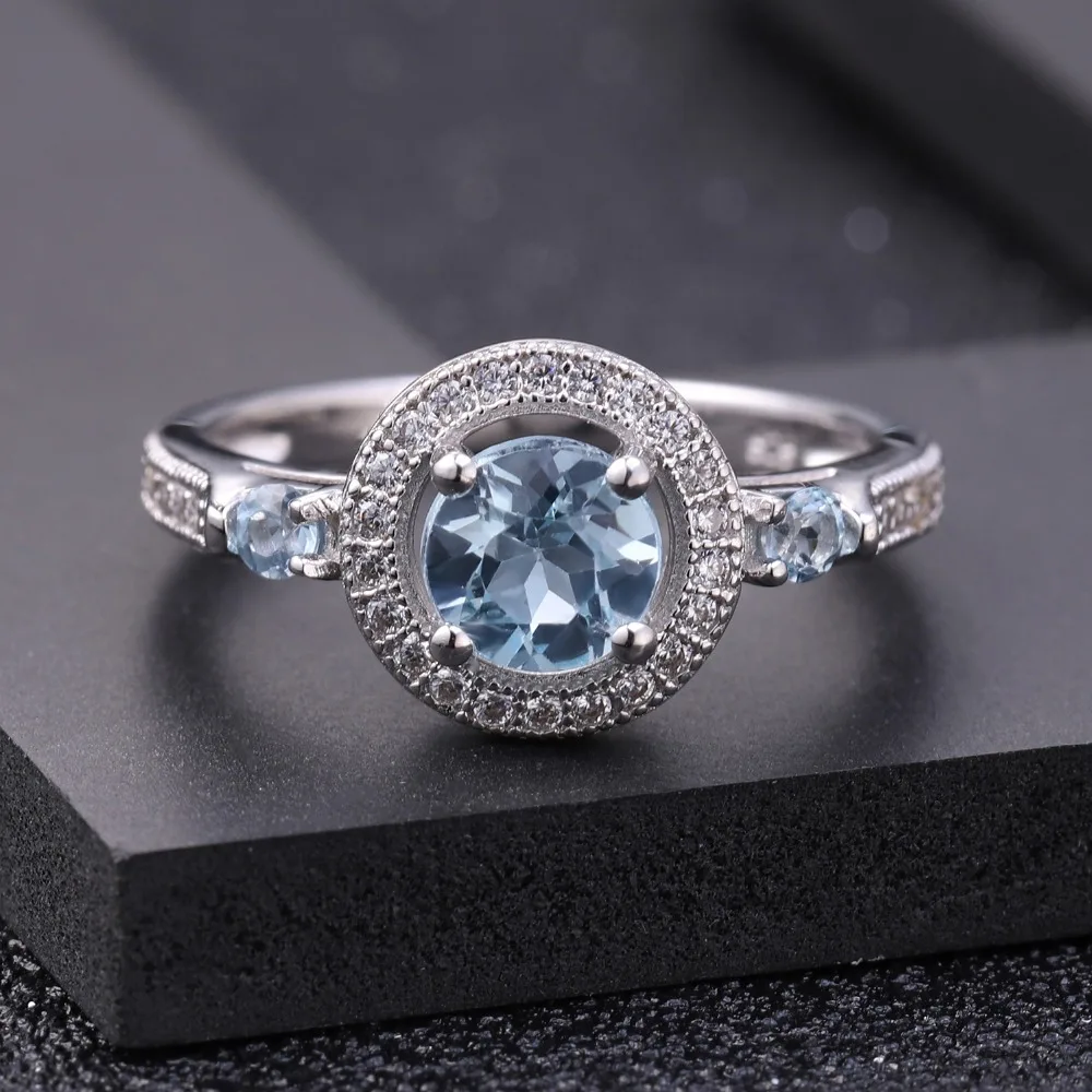 GEM'S BALLET 1.05Ct натуральный круглый Небесно-Голубой топаз драгоценный камень кольцо из чистого 925 пробы серебра обручальные кольца для женщин хорошее ювелирное изделие