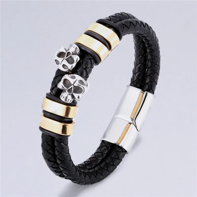 Punk Genuine Leather Stainless Steel Skull Bracelet Braid Double Layer Charm Bracelets Men Women Jewelry Gift homme dropshipping | Украшения