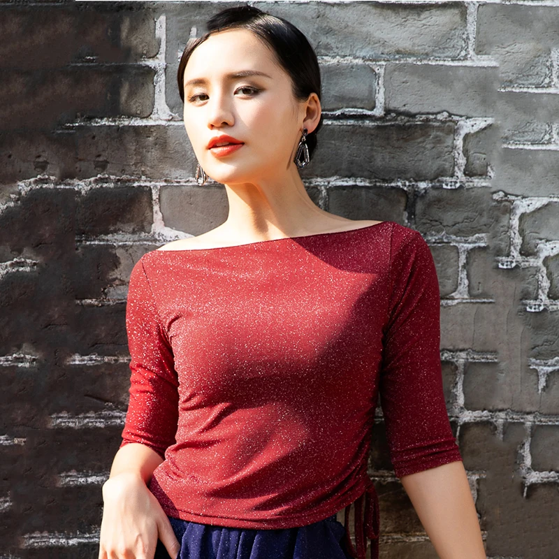Latin Shirt Women Red Mid Sleeve Rumba Cha Cha Samba Dancing Clothes Ladies Latin Dance Top Ballroom Practice Show Wear DNV11658