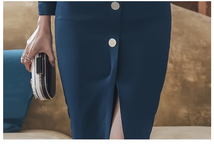 Весеннее Новое Элегантное синее платье с длинными рукавами разрезом сбоку